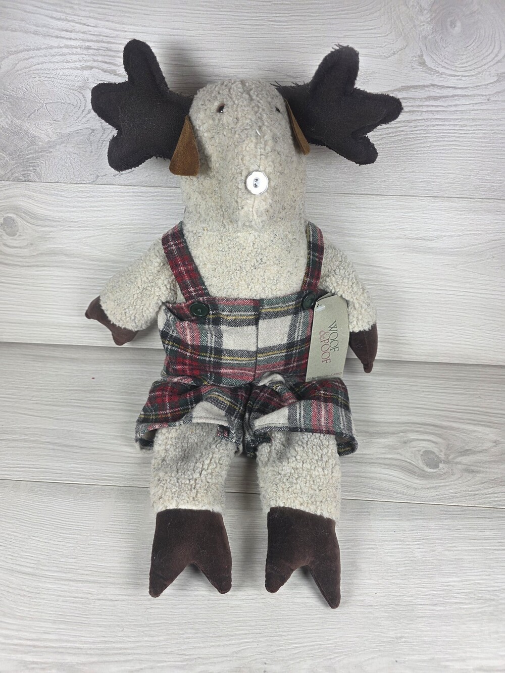 Woof & Poof Musical Plush Reindeer doll w Plaid Overalls and Tags Works SU50